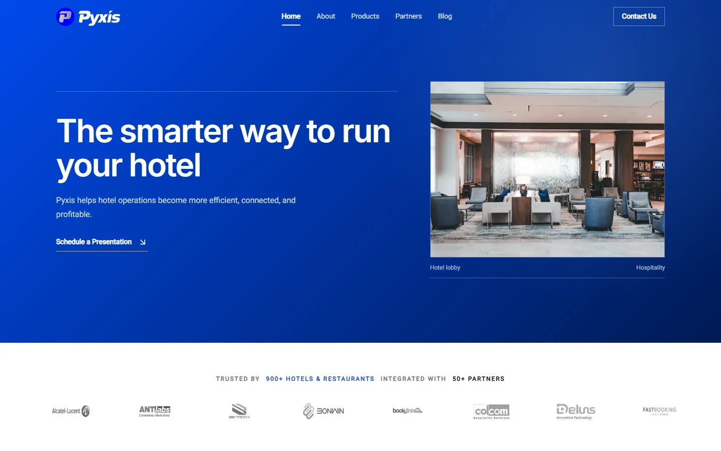 Pyxis homepage with a blue hospitality-themed hero and hotel lobby image.